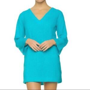 HELEN JON Turquoise Embroidered V Neck Tunic Top XS Beach Summer $126 New Cover